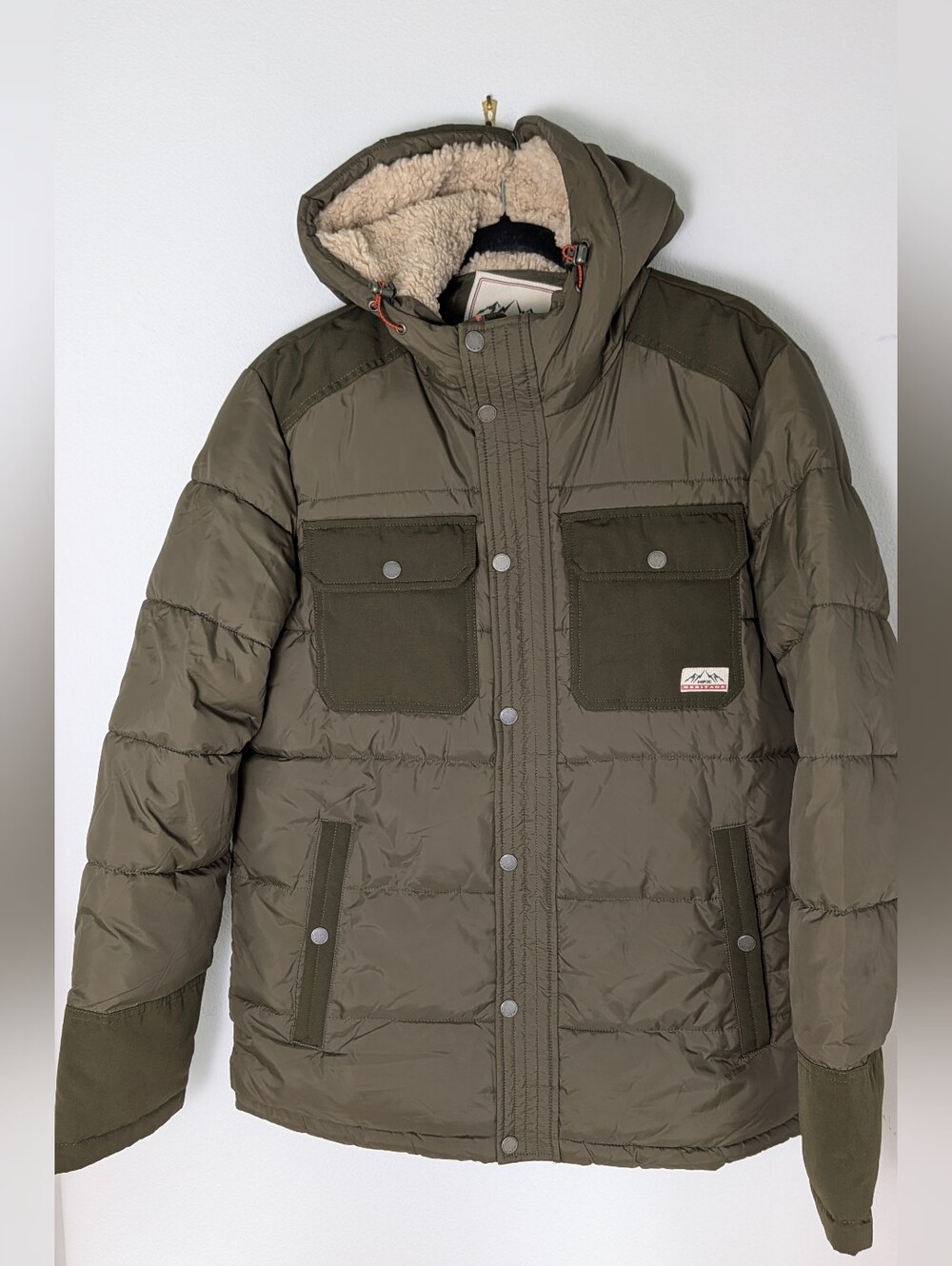 Hex Men's Hooded Puffer winter Jacket Sz S Green Lined Insulated Zip Button EUC